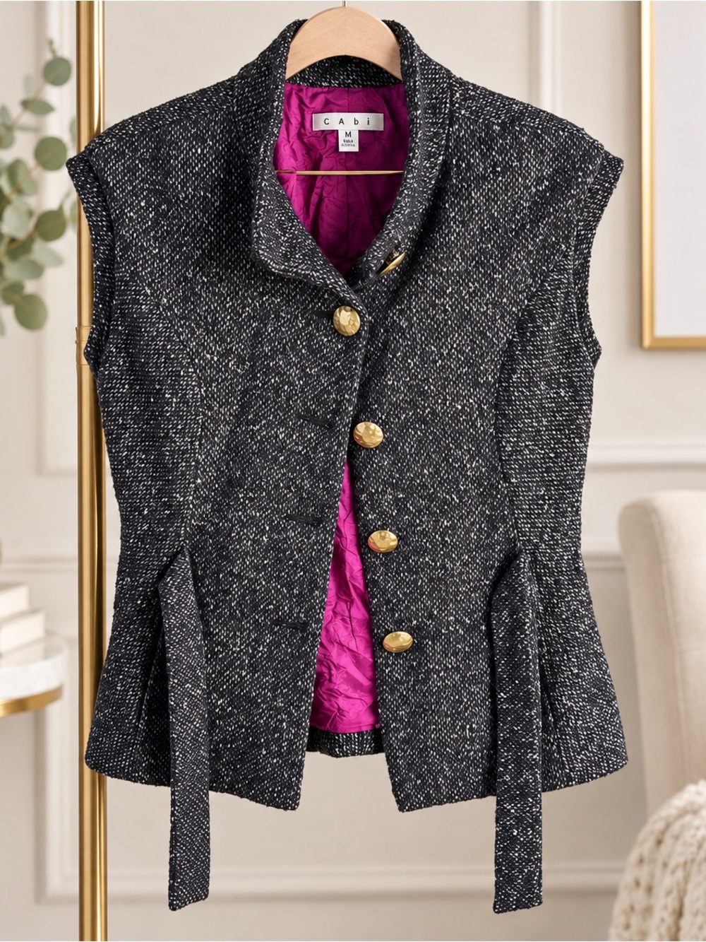 CAbi #116 Wool Blend Tweed Belted Vest Jacket Gold Buttons M